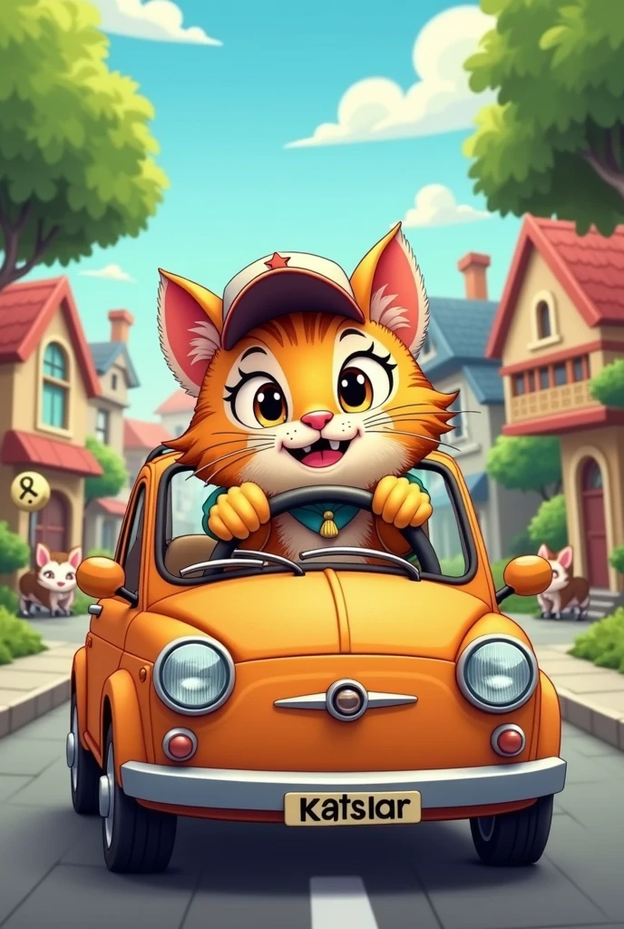 Cartoon,cat driving a car