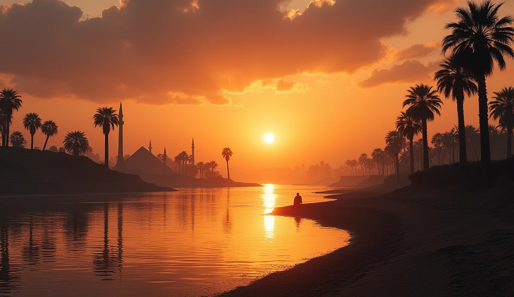 Un paysage époustouflant du Nil au moment du crépuscule, où les derniers rayons du soleil teintent l'eau d'une lueur dorée. À l'horizon, des silhouettes de palmiers et de monuments anciens se découpent contre le ciel, symbolisant la fin d'une ère. L'atmosphère est imprégnée de sérénité et de mystère, évoquant le passage du temps et le début d'une nouvelle époque. En bas de l'image, le texte final s'affiche : "Réfléchissez à ce moment, partagez vos pensées. Une ère se termine, une autre commence. Qu'en pensez-vous?.