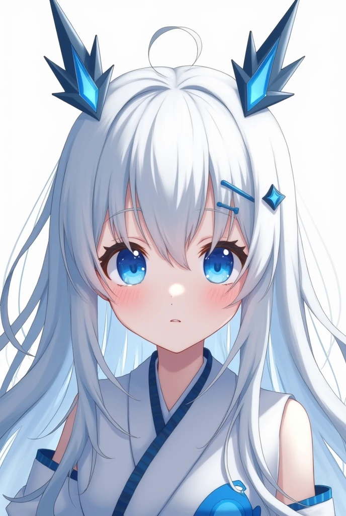 A Japanese anime style girl with long white hair，M-shaped bangs，She has a pair of blue eyes，There are only two black arrow-shaped headdresses on her head pointing upwards. There is only one blue round bead in the middle of the arrow headdress on each of the upward arrows.