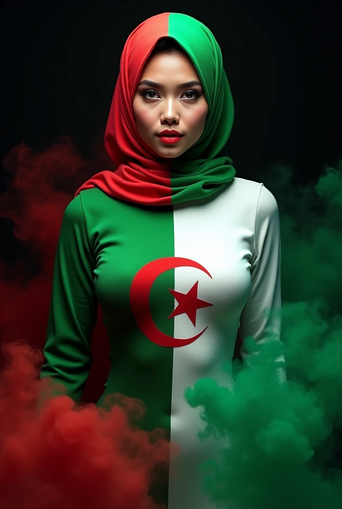 Raw, best quality, high resolution, masterpiece: 1.3), beautiful malaysian woman in hijab, colored with the Algerian flag, half white and half green, masterpiece, perfect fat body, (Big breasts), beautiful big eyes, black background with colorful smoke half photo
