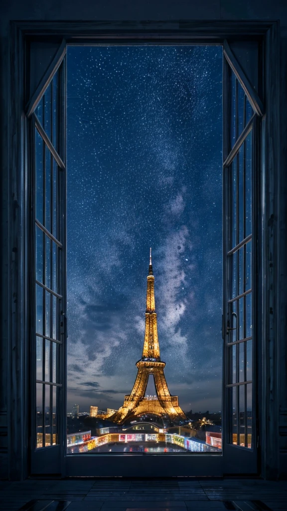 Glass window frames、窓の向こうには東京タワーとnight景、night、Starry Sky、Neon color、Highest quality, accurate, masterpiece, High resolution, Panorama, Ultra Wide Angle, Sparkle Effect, fluorescence, reflected light, Sparkle Effect, 