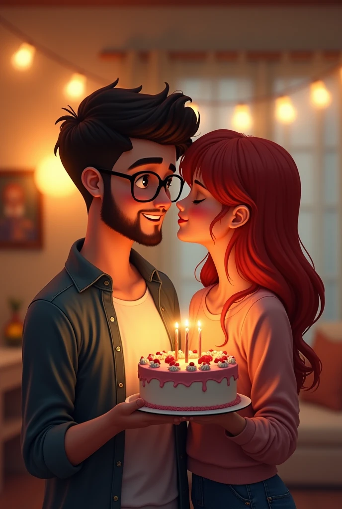 A young white man with very short black beard and glasses holding a birthday cake, and a red head young woman without glasses by his side kissing his cheek
