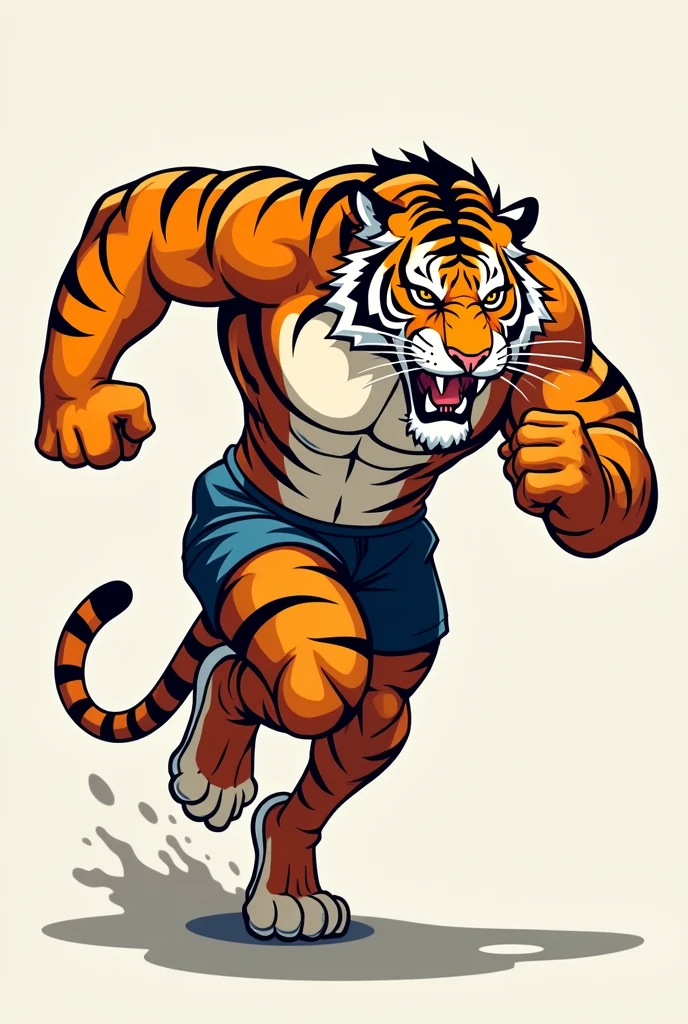 Masculine cartoon tiger wearing shiny running shorts showing bottoms of feet