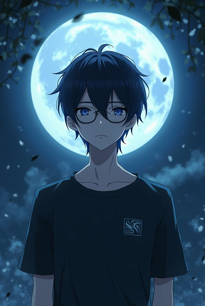 A black-haired boy with black glasses and white skin, that it has a reference to the moon, that the image is facing forward, that it is a big 30-year-old man and that it is anime style