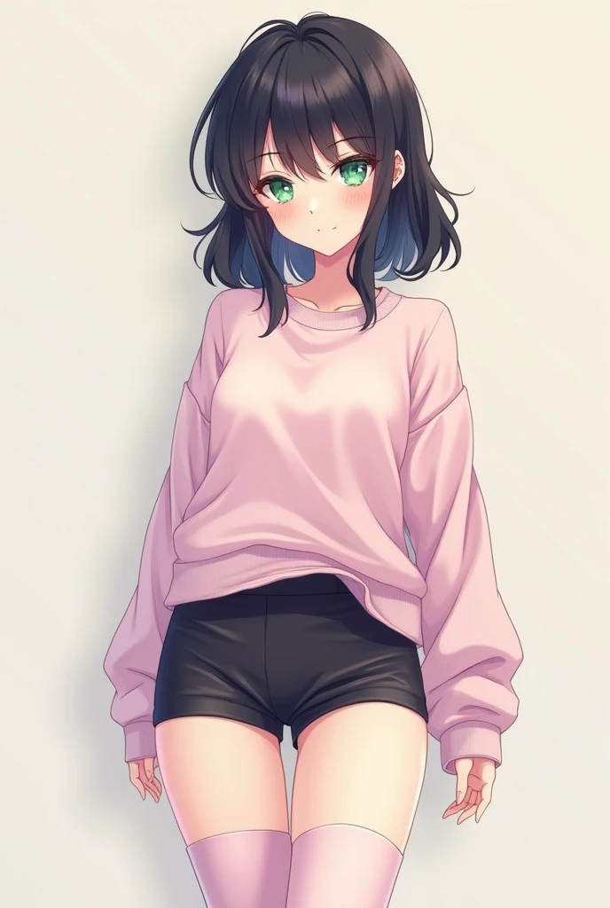 Anime femboy man, pastel colored tight thigh high socks, pastel colored hip-length sweatshirt, a black mini short, green eyes and black hair, thick thighs