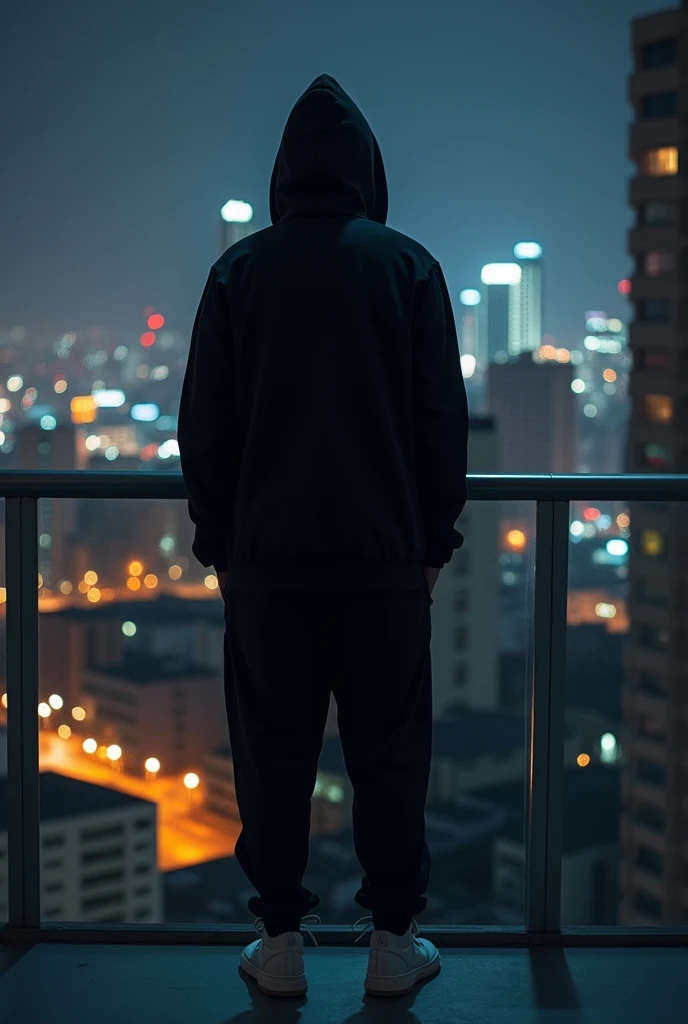 A realistic photo of a tall hooded guy in a black coat and a somewhat loose black sweatpants with white high-top sneakers, Nike style but not totally Nike.. Looking at Panama City at night with a like her sister from an apartment, The photo taken from behind the person. Hooded so that nothing can be seen of his head. That the photo is somewhat blurry, so similar as if the quality were cell phone quality