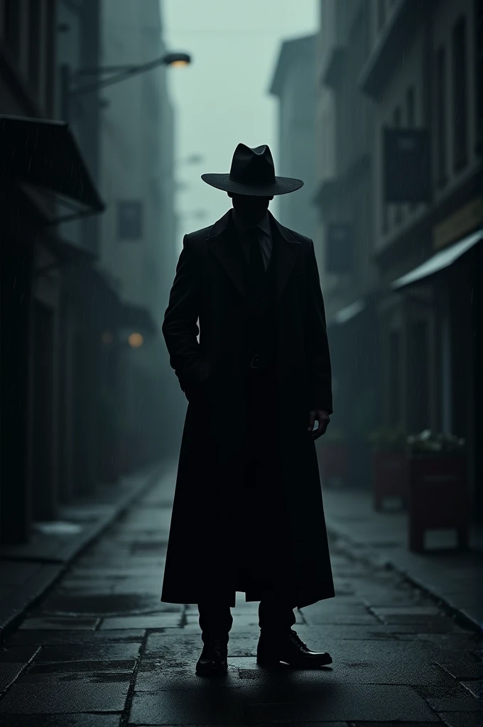 Silhouette man with hat hides his identity in dark street