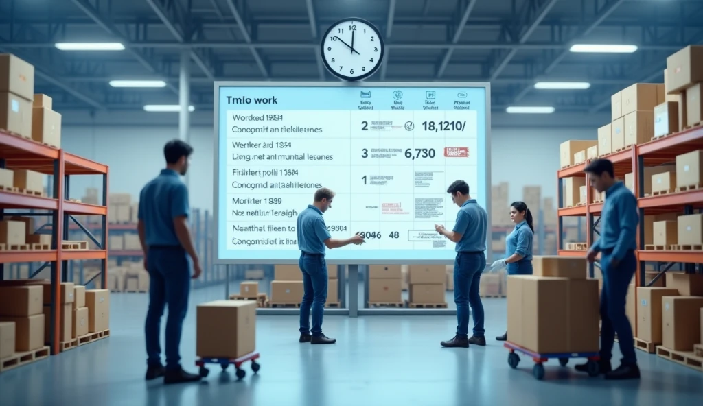 A professional and realistic image depicting a well-organized work schedule at a fulfillment center that promotes a healthy work-life balance. The scene shows a clean, well-lit warehouse where employees are engaged in their tasks, with a clear and detailed schedule displayed on a large digital screen or a wall chart. The schedule includes start times, breaks, and end-of-day hours, emphasizing the importance of finishing work on time. In the background, there is a subtle indication of personal life balance, such as a clock showing the end of a work shift, with employees heading out to enjoy their personal time. The atmosphere is one of calm efficiency, highlighting the company's commitment to ensuring that employees have a clear, predictable work schedule that allows them to maintain a balanced life.