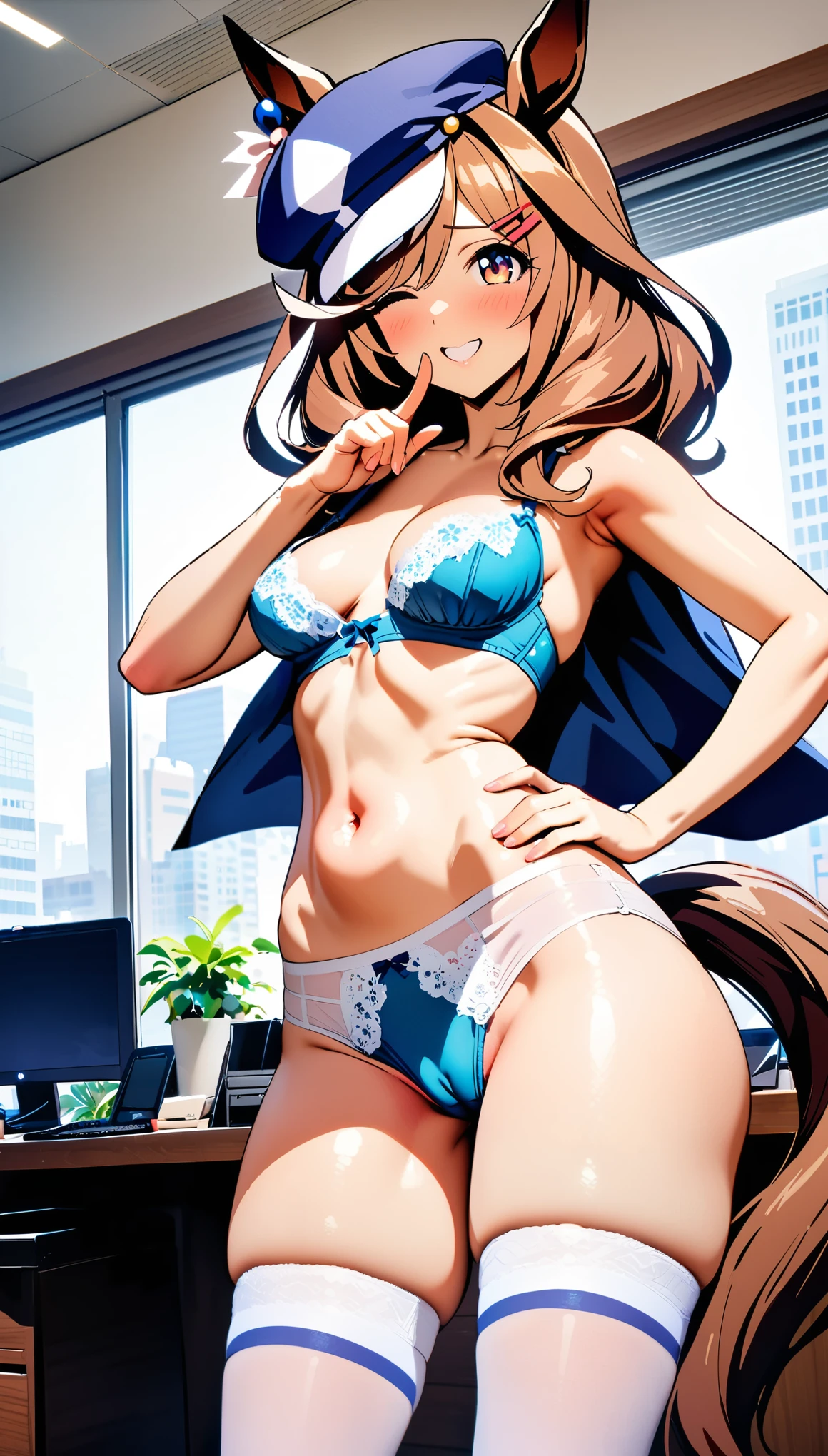 [[One person, Matikane Tannhauser \(umamusume\), umamusume]], , Small breasts, attention to beautiful details, Close one eye, ((indoor, office, living room), ), Curvy, thin, (Thigh-high socks), (Cleavage) , (Sexy pose), (Seductive pose), (belly button), (indoor, office, living room), smile, (Close-up shot), Dynamic Angle, Highest quality, Very detailed, masterpiece, Ultra-high resolution, 8k, Nipples, (Horse tail), (panties), (bra), (underwear姿で), (underwear), (Camel Toe), (lingerie), Have, Narrow waist, Long Hair, hat, 片耳に小さなhat,