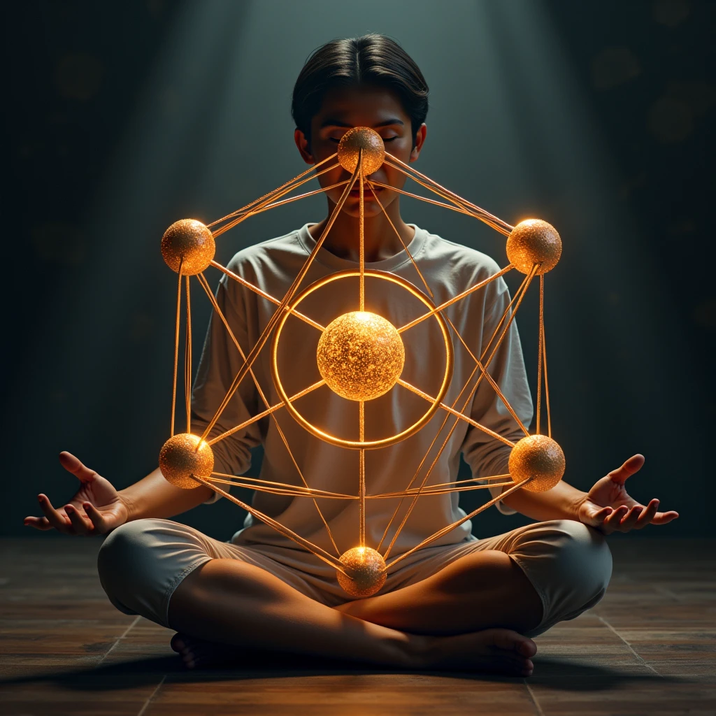 Sitting cross-legged, you stare intently at the Metatron cube in front of you. Its 13 spheres linked by 26 lines seem to vibrate with a subtle energy. You close your eyes and begin to mentally visualise this sacred geometric structure. Little by little, you feel a connection being established between your inner being and the cosmic forces represented by the cube. The spheres rotate slowly, intertwining in a hypnotic ballet. You have the impression of being able to perceive the flows of energy that animate them, like the subtle currents that flow through the universe. Inhaling deeply, you let yourself be permeated by the harmonious vibration of the Metatron cube. Your mind calms down and opens up to other dimensions of reality. Guided by this sacred form, you embark on an inner journey, exploring the mysteries of Creation and the links between the visible and the invisible. Your soul expands, in tune with the eternal rhythms of Life. When you open your eyes again, the cube seems to glow with a soft light. You feel invigorated, anchored in a profound sense of existence. The sacred has spoken to your heart.