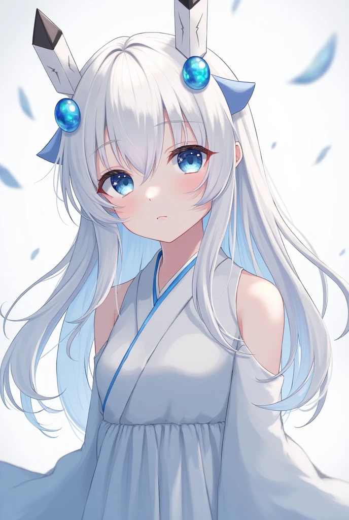 A Japanese anime style girl with long white hair,M-shaped bangs,She has a pair of blue eyes,There are only two black arrow-shaped headdresses on her head pointing upwards. There is only one blue round bead in the middle of the arrow headdress on each of the upward arrows.