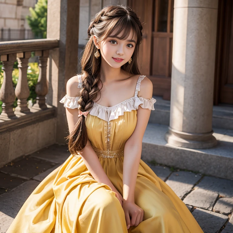laughing out loud,1 female, 2,(Yellow princess dress in beauty and the beast),Outside the castle,Large skirt,Big hem,light brown hair, blunt bangs, hair behind ears, Shoulder length hair, long hair, Braided hair repair,long body shape, 超face slimming型, face slimming, delicate lips, beautiful eyes, Thin blush, Eyes are light brown,Check it out here, (actual:1.3), One person's perspective, 8k, Super detailed, high quality, best quality, High resolution,knee shot,My breasts look big in my clothes,There are bows on both shoulder straps,Bow shoulder strap