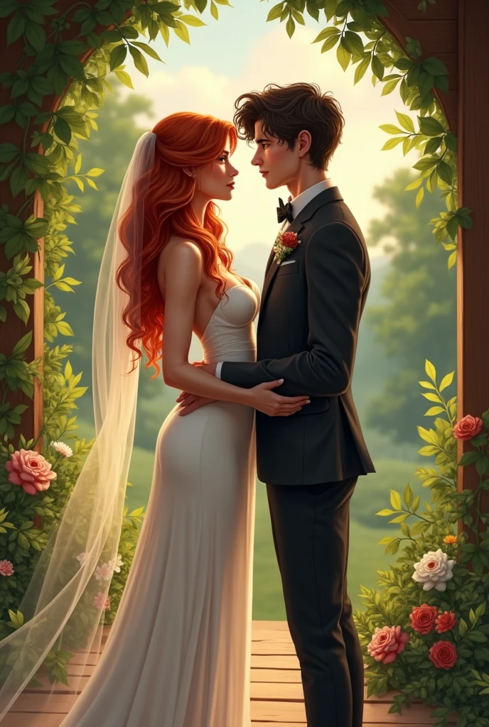 A wedding between a red-haired girl, Bullish, slim, long wavy hair with a black colored boy, medium curled hair, he is shorter than her, in a chalet in a green area