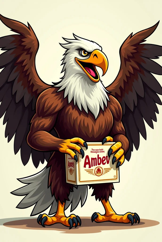 Generate a cartoonish image of an imposing eagle with a box of AmBev beer in its claws 