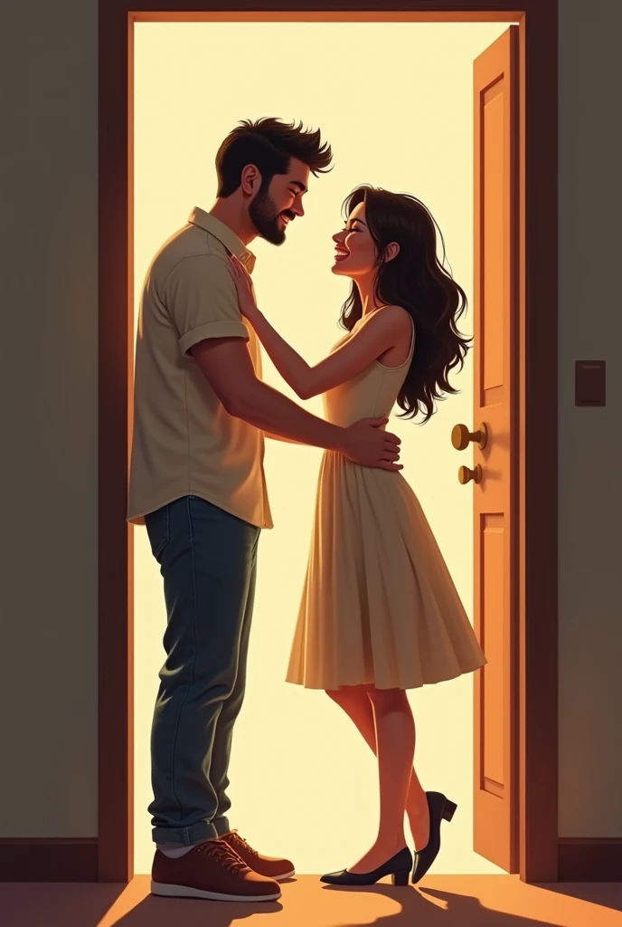 A couple meeting for the first time at the door of a hotel room. He's inside and she slams the door. He simple clothes, she simple dress, simple hotel. They are happy at this first meeting and hug each other..