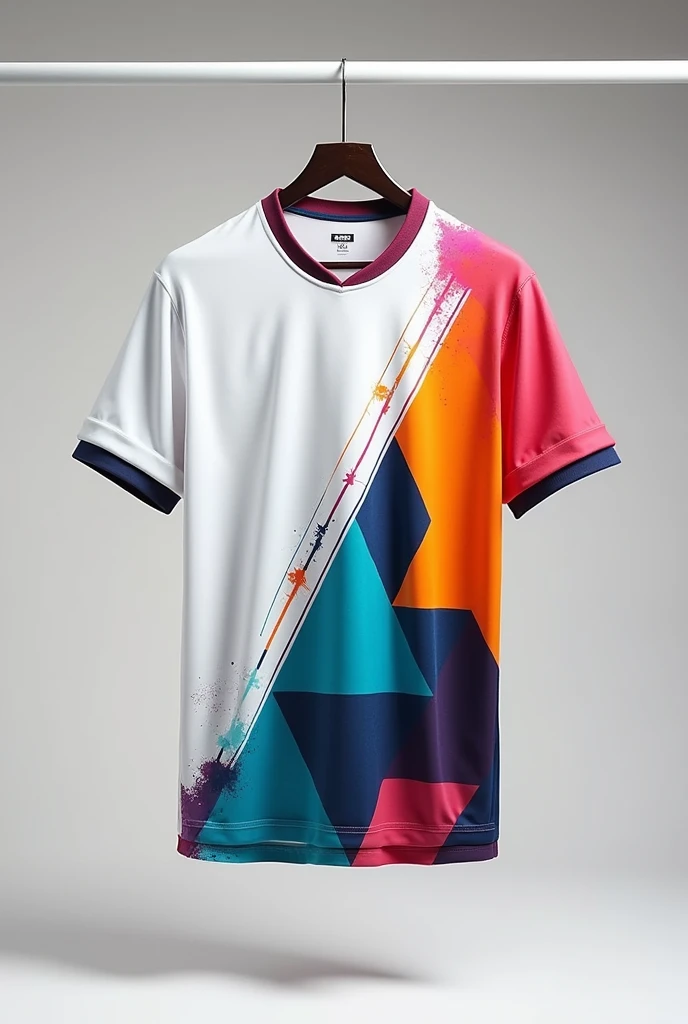 A vibrant football jersey displayed on hangers, featuring a unique geometric design with a combined colours, white as the main color. The jersey incorporates various patterns including triangles and lines, creating a dynamic and modern look, no logos, no texts.