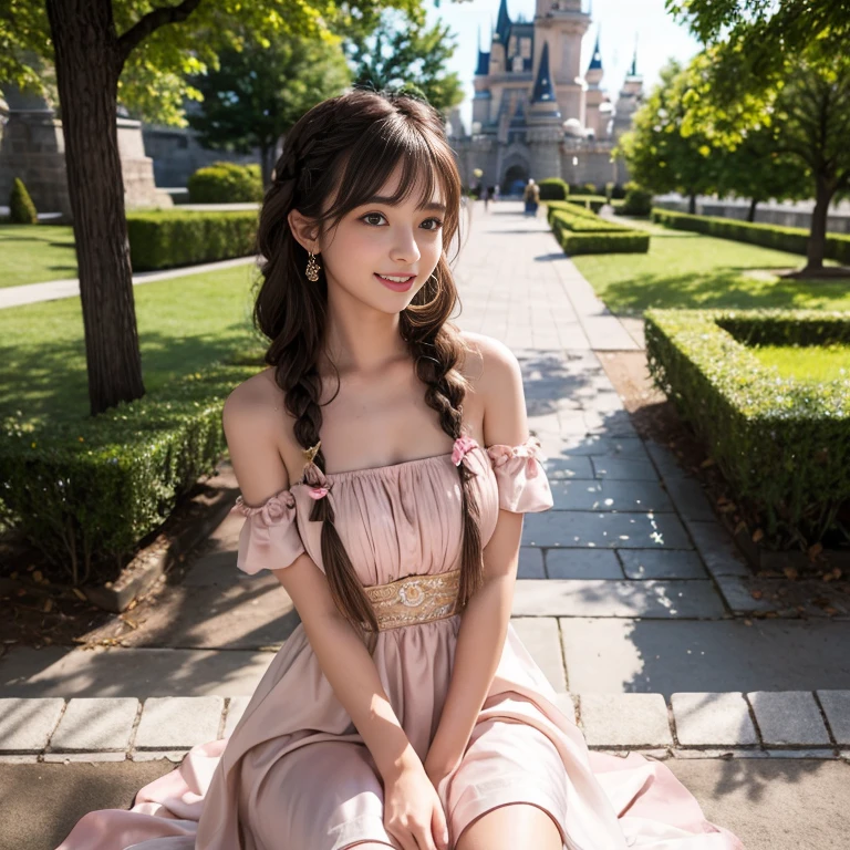 laughing out loud,1 female, ellow princess dress in beauty and the beast),Outside the castle,Large skirt,Big hem,light brown hair, blunt bangs, hair behind ears, Shoulder length hair, long hair, Braided hair repair,long body shape, 超face slimming型, face slimming, delicate lips, beautiful eyes, Thin blush, Eyes are light brown,Check it out here, (actual:1.3), One person's perspective, 8k, Super detailed, high quality, best quality, High resolution,knee shot,My break big in my clothes,There are bows on both shoulder straps,Bow shoulder strap