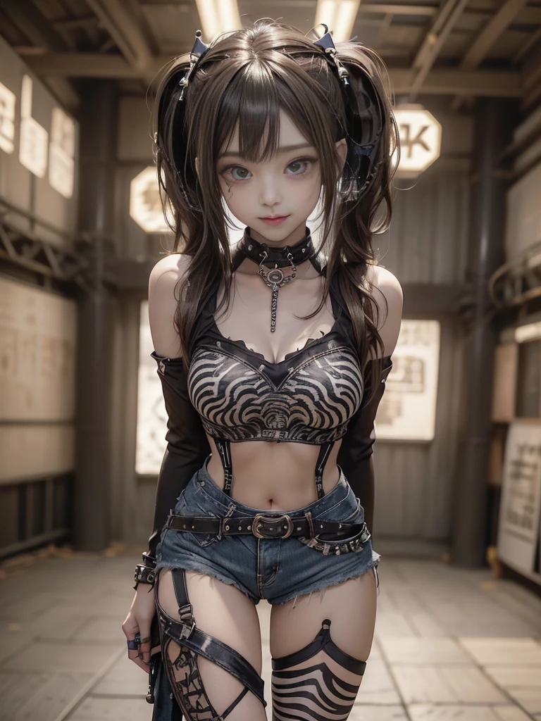 (Smiling with teeth showing:1.3),(Hollywood actress:1.5)、(Gothic Lolita style fashion:1.5)、(Punk RockVisual Kei:1.5)、(Wearing a sweater with intricate decoration:1.4)、(A mini skirt with delicate white, denim and charcoal embellishments.:1.5)、(Denim, light blue and leopard print boots:1.3)、((belt))、(Numerous intricate patterns all over the costume:1.4)、(collar:1.3)、(Leopard print underwear:1.5)、20-year-old、NSFW、((Highest quality、In 8K、masterpiece:1.3))、Sharp focus:1.2、(Layered Cut、Huge boobs:1.1),Beautiful woman with perfect figure:1.4、(Dancing vigorously:1.3)、Slender Abs:1.2、Highly detailed face and skin texture、Detailed eyes、double eyelid,(Twin tails:1.3)、(Brown-golden hair:1.3)、Gravure idol、(The background is the stage of the fashion show:1.3)、(Slim body:1.3),(Make your legs thinner:1.4),（clavicle:1.1）