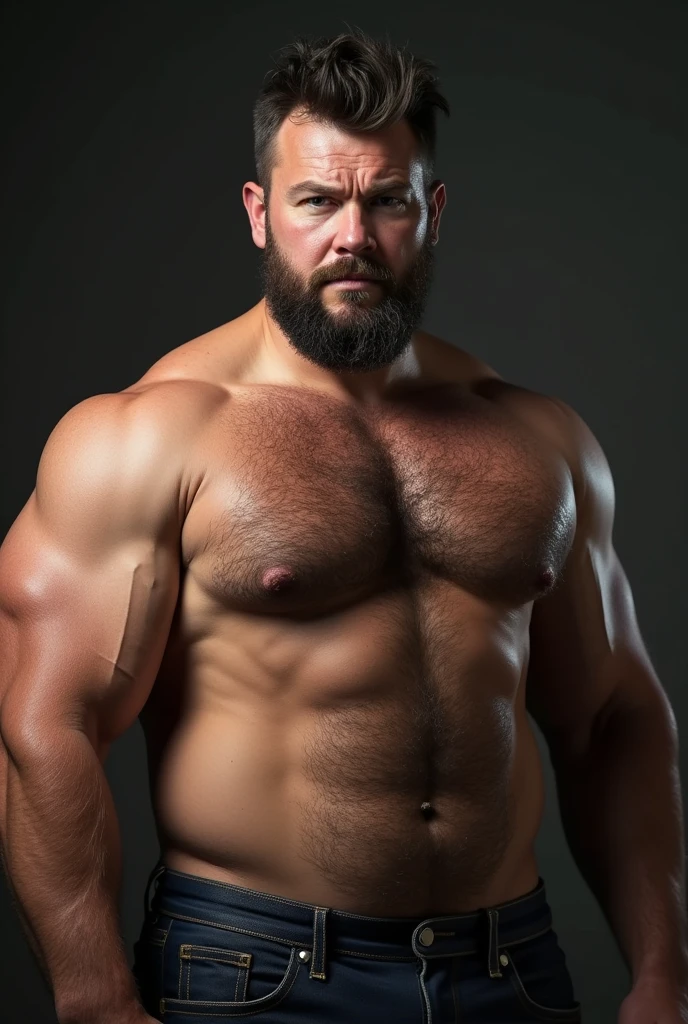 An award-winning original photo, A burly musclebear beefy man, (40 years old daddy:1.1), 1 man, Solo, (wearing Nothing), (big shoulders), musculature, strong physique, hairy, burly and fluffy, stubbles, Short beard, (Detailed body), realistic eyes, deadpan, looking at viewer, deadpan, lighting, (Best quality, A high resolution, Photorealistic), Cinematic lighting, Masterpiece, RAW photo, Intricate details, hdr, depth of field, upper body shot, (realistic:1.4), (from the front), (from below)