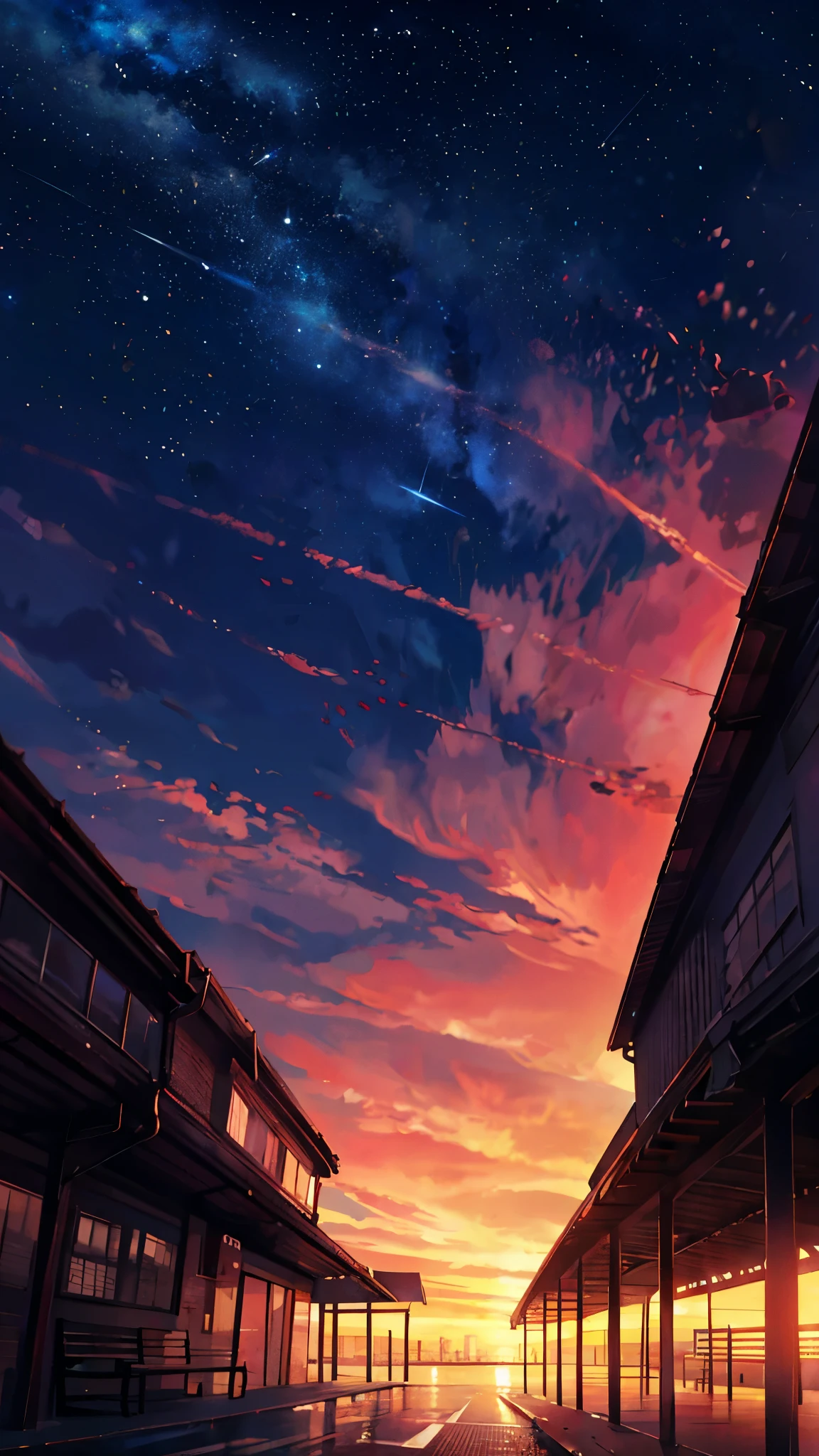 School bicycle parking、Urban townscape、anime, the sky, stars, the bench, the milky, the stars, the sky, the stars, the bench, the milky, the stars, the, cosmic skies. by makoto shinkai, anime sky, anime art wallpaper 4 k, anime art wallpaper 4k, anime art wallpaper 8 k, amazing wallpaper, with the sky full of stars