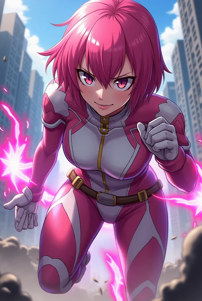 Create a female my hero academia character short hair pink outfit 