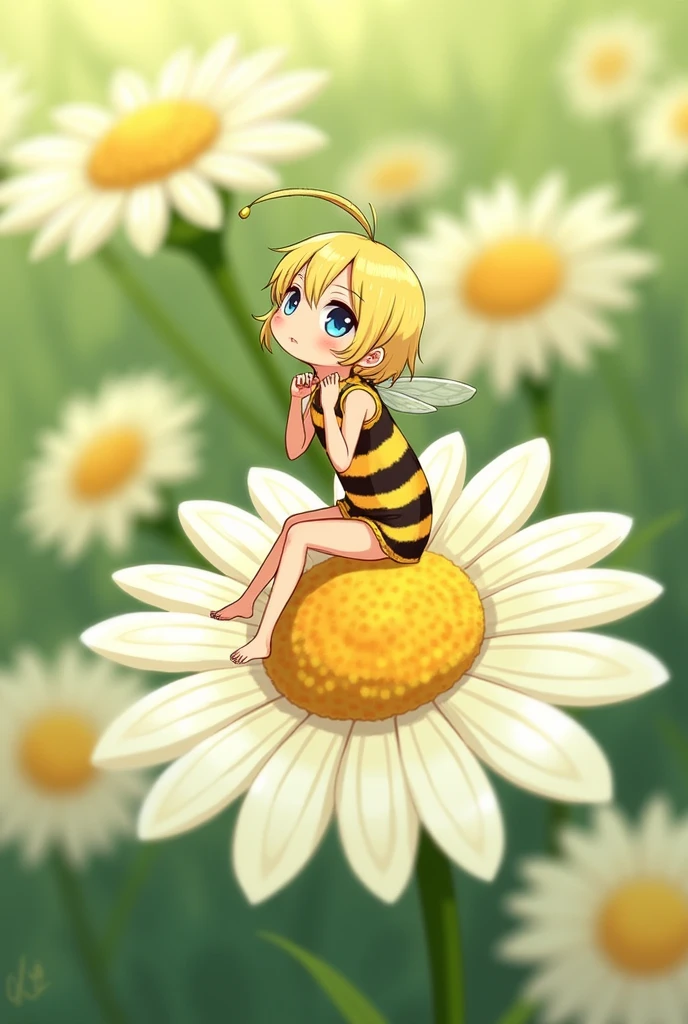 Bee in short dress and short blonde hair sitting on a daisy