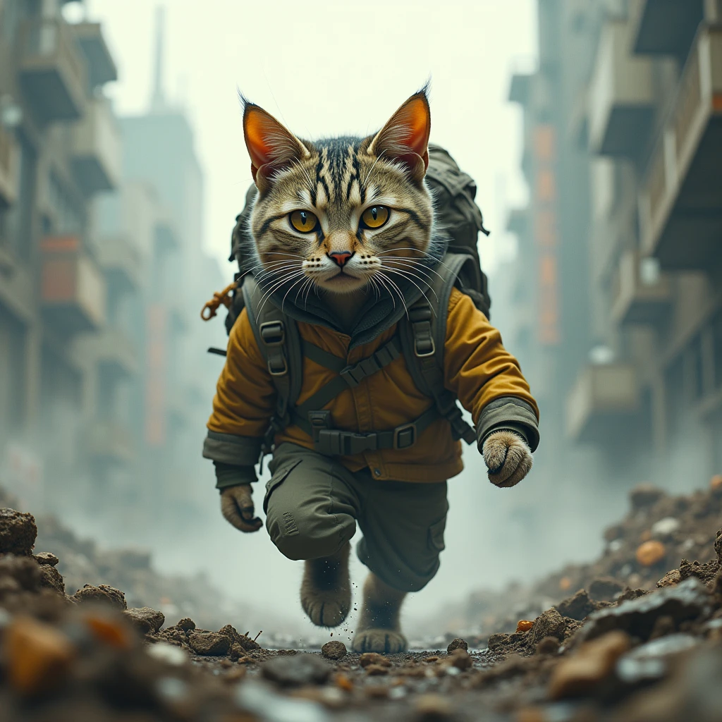 A survivor ((cat)) with bag packs in human clothes walks through a destroyed city, windstorm
