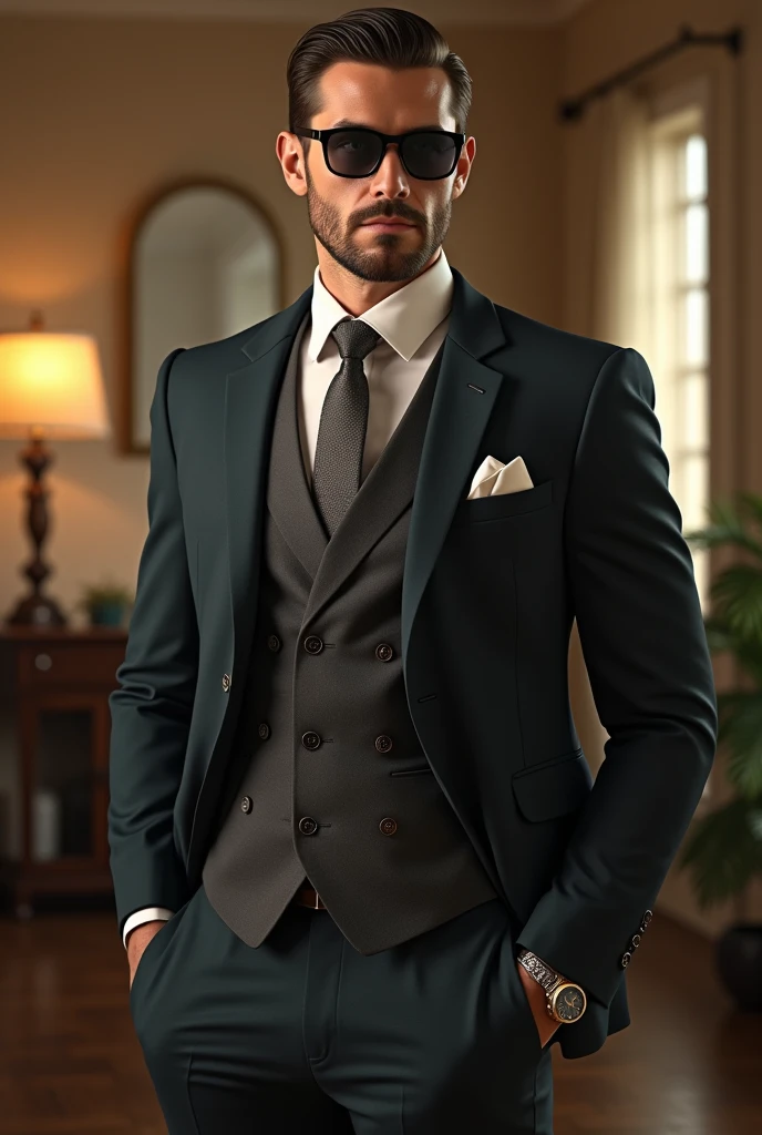 a male model in a vintage style, retro fashion composition, full dressed business style man, front view, side view, 245 degrees view, wearing sunglasses and watch, (best quality,4k,8k,highres,masterpiece:1.2),ultra-detailed,(realistic,photorealistic,photo-realistic:1.37),HDR,UHD,studio lighting,ultra-fine painting,sharp focus,physically-based rendering,extreme detail description,professional,vivid colors,bokeh,portraits,photography