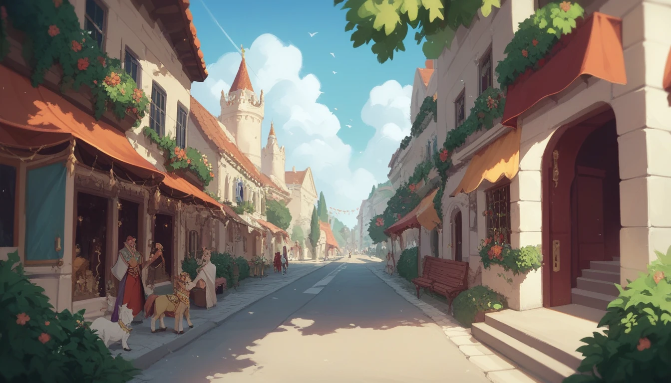 A kingdom of great king,mahal of king, street, few trees, sunrising