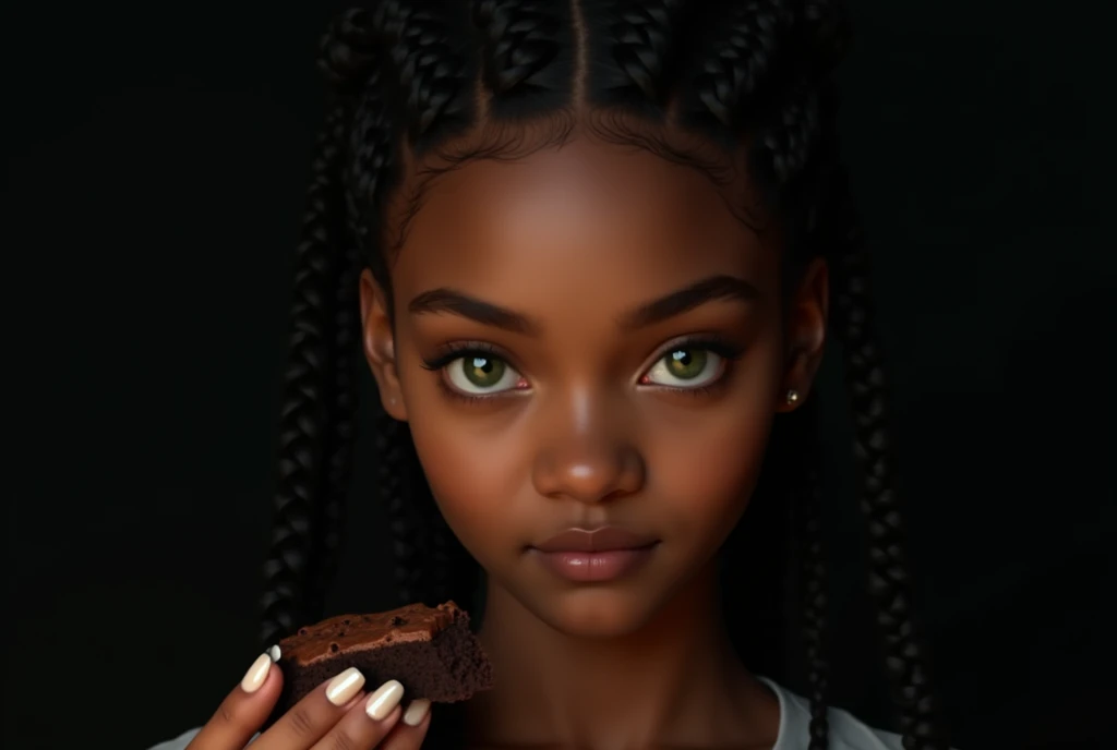 Woman with box braids and baby hair, greeneyes, with brownie in one hand, black background fabric