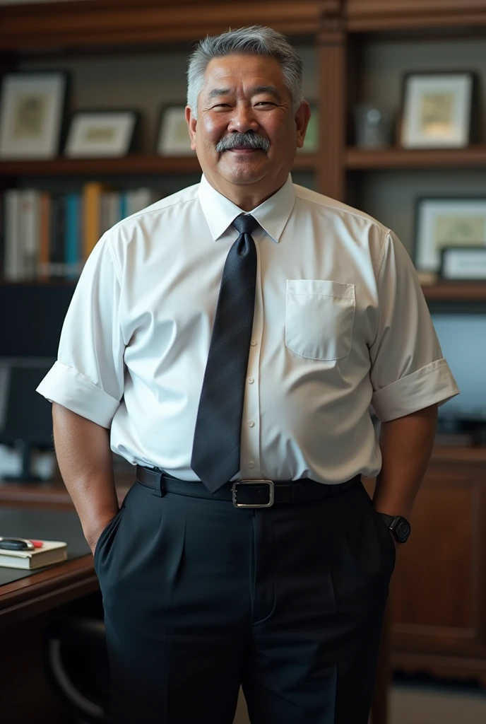 Hyper-realistic very attractive mature muscular handsome hunk japanese man, chubby, fat, chunky, beefy, gentle and malicious smirk, thick legs, huge calves, at office, grey very short hair, well designed grey mustache, hyper-detailed background, cinematic, uhd, 8k, high resolution, perfect result, best quality, detailed work, wearing a black pants, a white shirt, a tie