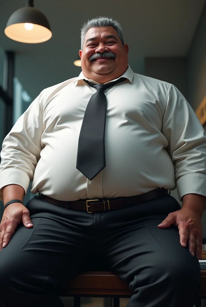 Hyper-realistic very attractive muscular handsome hunk japanese man, chubby, fat, chunky, beefy, gentle and malicious smirk, thick legs, huge calves, at office, grey very short hair, well designed grey mustache, hyper-detailed background, cinematic, uhd, 8k, high resolution, perfect result, best quality, detailed work, wearing a black pants, a white shirt, a tie