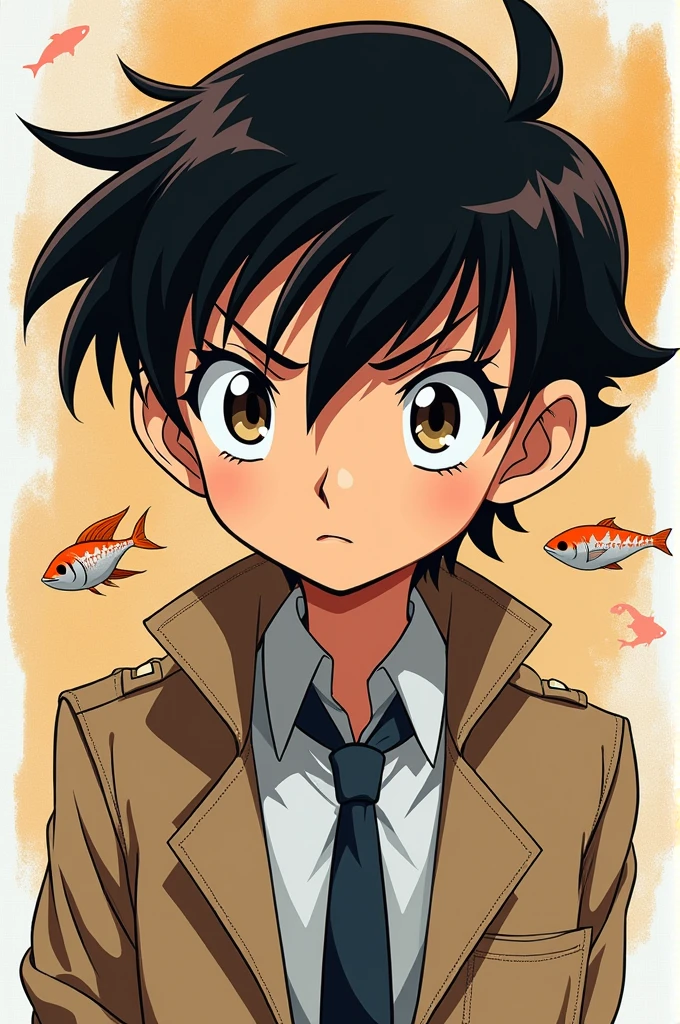 create anime pictures with drawings in detective conan - **Face:** Slim with clean lines, A bit like Conan character with pointed chin and high nose.
- **hair:** hair cá sẽ được vẽ ngắn, succinct, The hairstyle can be a little messy like Conan.
- **Eyes:** big eyes, bright with thin and serious eyebrows.
- **Skin:** Can draw fish in a detective costume like Conan, with shirt and tie.
