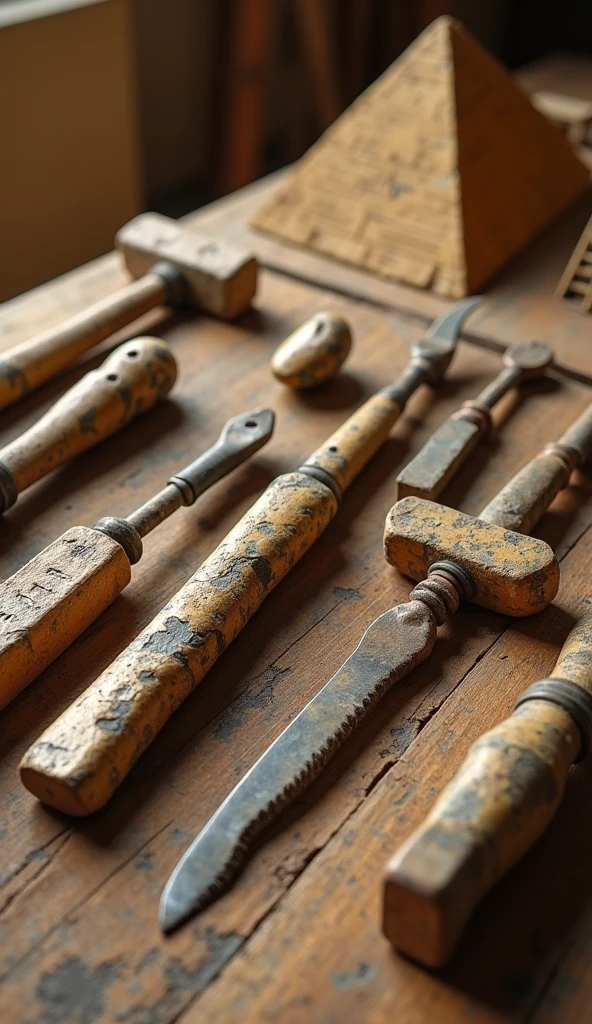 Ancient Egyptian Tools:Prompt: "A close-up of ancient Egyptian tools made of stone and copper, laid out on a workbench with a partially constructed pyramid model in the background. The tools should show wear, hinting at the hard work put into building the pyramids."