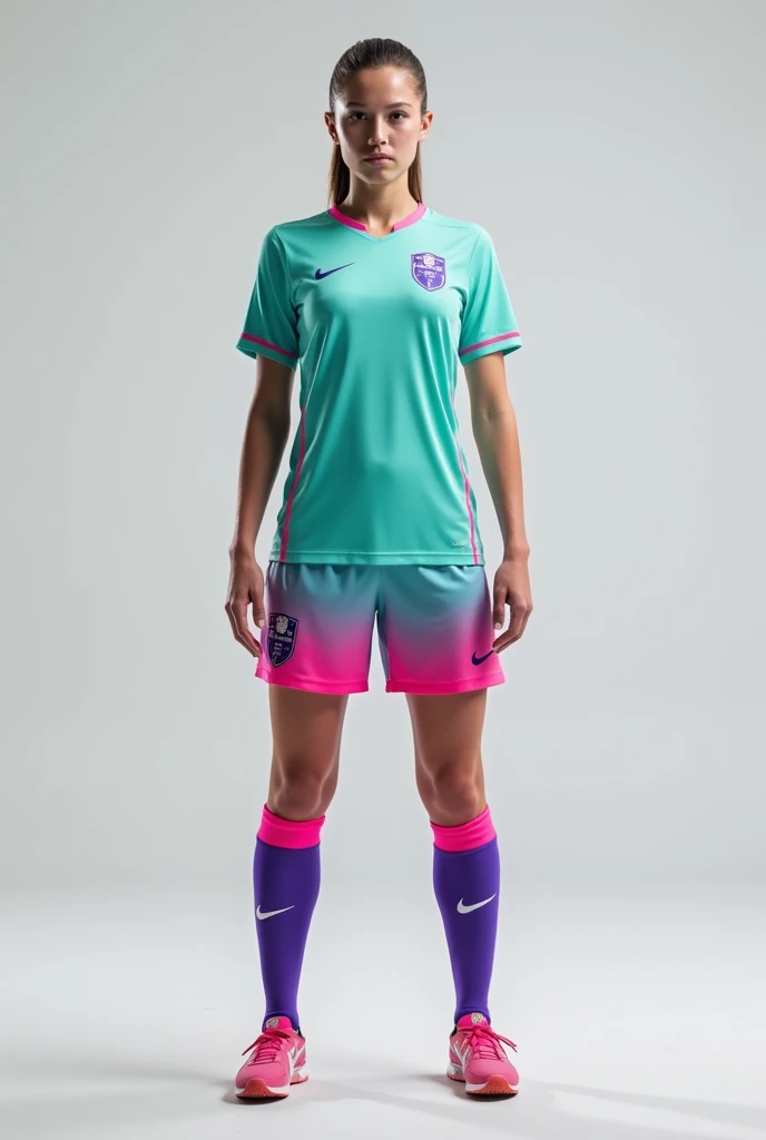 
Hello, design me a uniform for a women&#39;s soccer team that has a mint blue background on the shirt and shorts., and colors in pink gradient, green mind and purple and purple tights, woman full body looking forward
