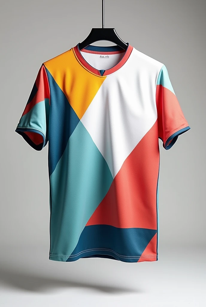 A vibrant football jersey displayed on hangers, featuring a unique geometric design with a combined colours, white as the main color. The jersey incorporates various patterns including triangles and lines, creating a dynamic and modern look, no logos, no texts.