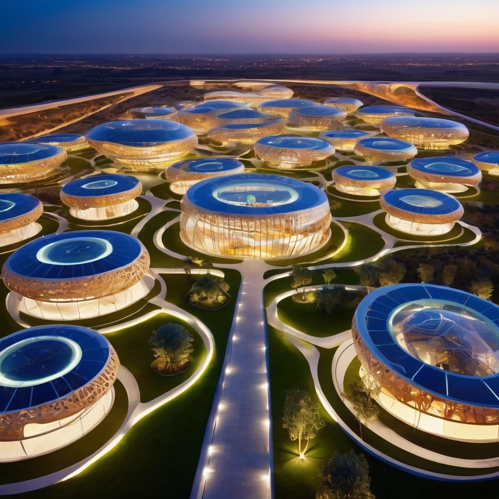 Complex of futuristic design structures, eco style, aerial view,soft lighting