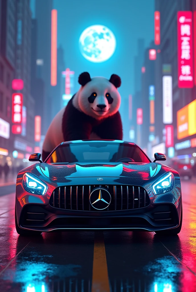 Mersedes in the neon city
and background has a big moon and has black rich panda