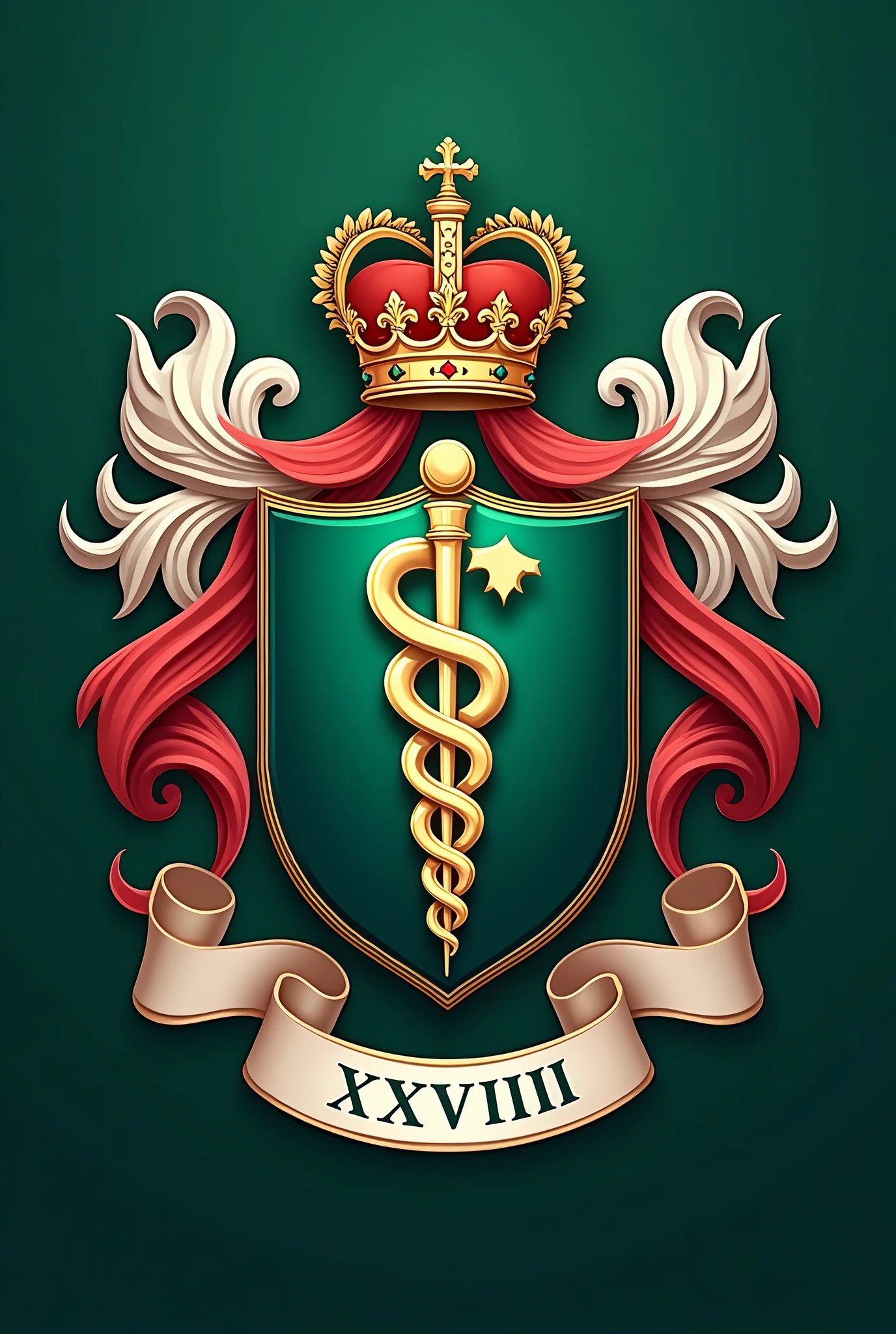 Coat of arms for medical school class, with the symbol of medicine, number XXVIII fully written, in petroleum green color, art that refers to royalty and nobility