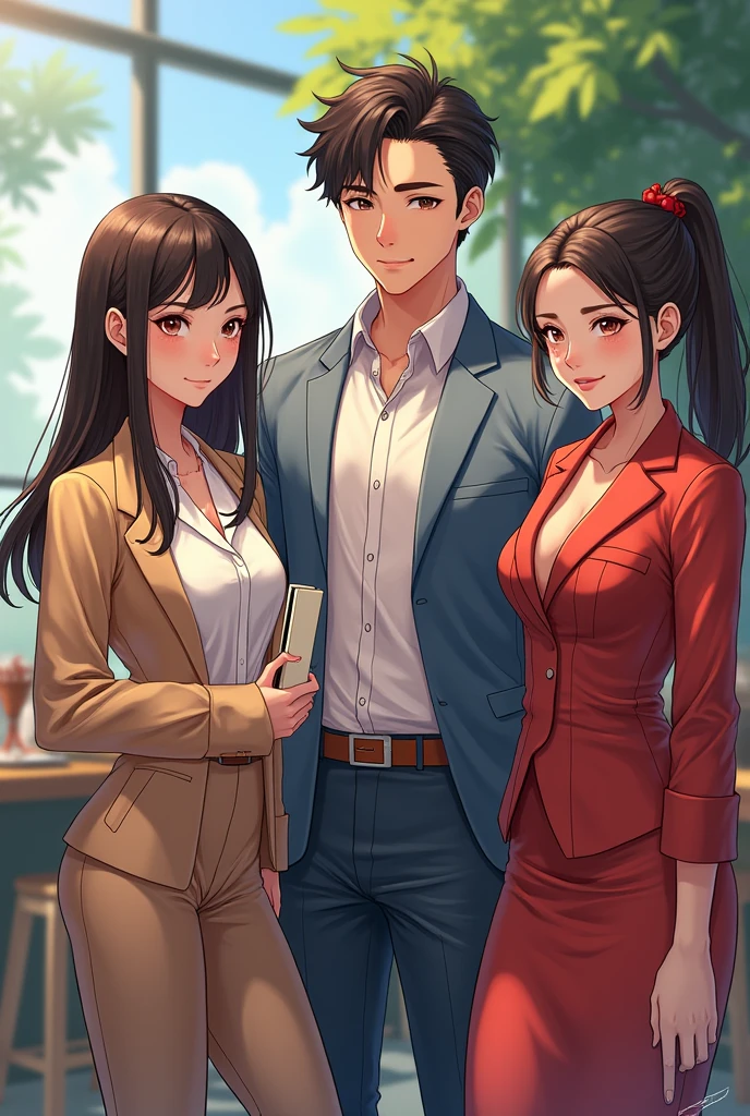 Untuk menggunakan AI seperti Craiyon, kamu bisa mengirimkan deskripsi singkat berikut:
"Draw a scene with four characters:
1. **Calla**: On the left or middle left, with an oval face, fair skin, large dark brown eyes, long straight dark brown hair. She's wearing elegant yet casual clothing, holding a small book or notes, with a warm and gentle expression.
2. **Ren**: On the left or middle right, with a relaxed appearance, slightly messy hair, and casual attire. He's smiling cheerfully or playfully.
3. **Afnan**: In the middle or on the right, with a serious or slightly frowning expression, short well-groomed hair, and semi-formal or formal clothing.
4. **Rosa**: On the right, with a glamorous outfit and tied-back hair, showing a slight scowl or irritation.
Set them in a campus or café environment, with interactions reflecting their relationships."