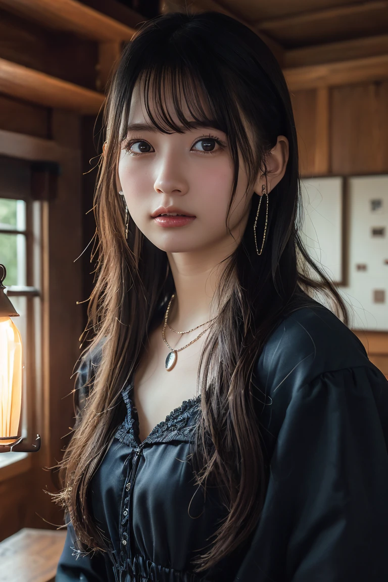 (Highest quality:1.4)，(masterpiece:1.4)，(Realistic:1.4)，(Realistic:1.2)，(超High resolution， RAW Photos:1.4)，(High resolution， Ultra-detailed:1.2)，(8k:1.2)，View your viewers，Cinematic photography，One person，skeletally correct，Black-haired woman，Woman in her early 20s，(Small earrings，necklace，Gothic dress with lots of frills)，（Western-style building interior，Dimly lit room，The lamplight shines on my cheeks）