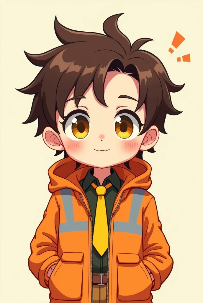 Create a chibi character with brown hair, a yellow tie, yellow eyes and a hi-vis jacket.