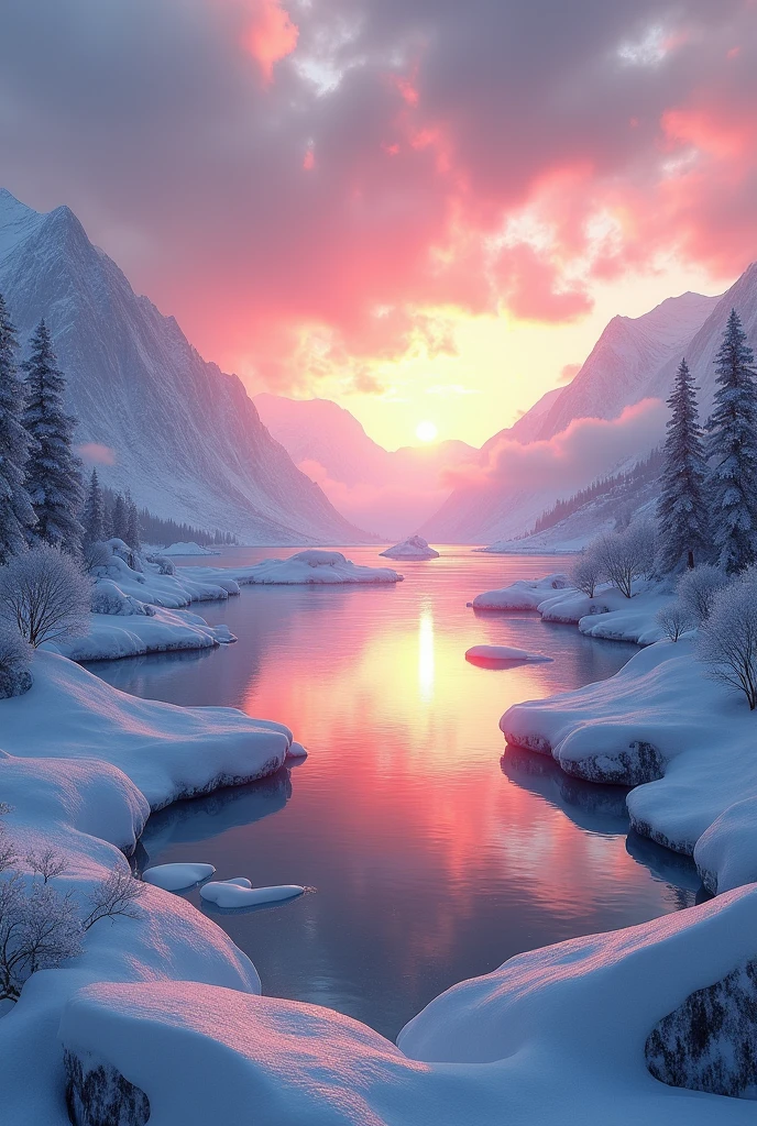 create a illustrative 3d image of scenery of ice region and sun rise in kashmir with lake