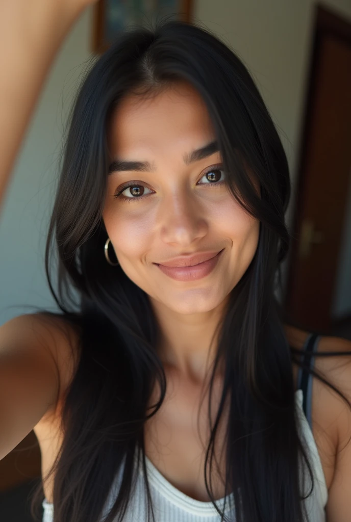A Brazilian woman with straight black hair taking a selfie with a slight smile without showing her teeth 