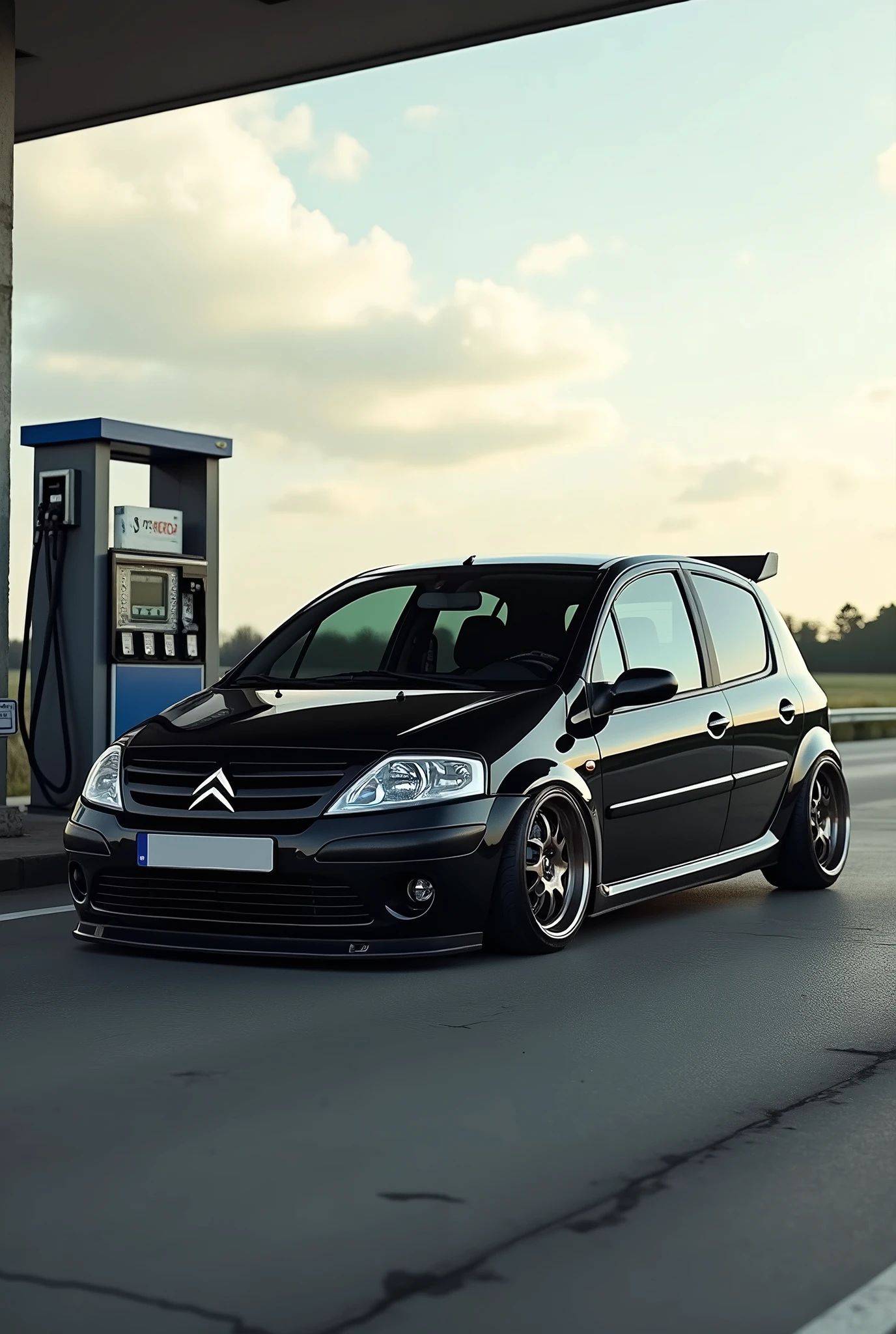Gas station scenario, on highway, a car, brand Citröen model c3 year 2005 lowered, four doors, blackw