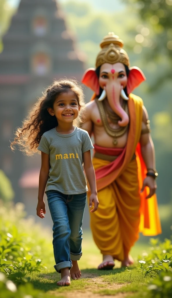 A young girl is walking forward with a bright smile, wearing a grey T-shirt with the name "Manu" written on it and blue jeans. Behind her, Lord Ganesha, dressed in traditional yellow and red attire, walks protectively, exuding warmth and guidance. The scene is set in a lush green environment with an ancient temple in the background, symbolizing a sacred and loving relationship between the divine and the innocent child. The image captures the essence of divine protection, love, and guidance.