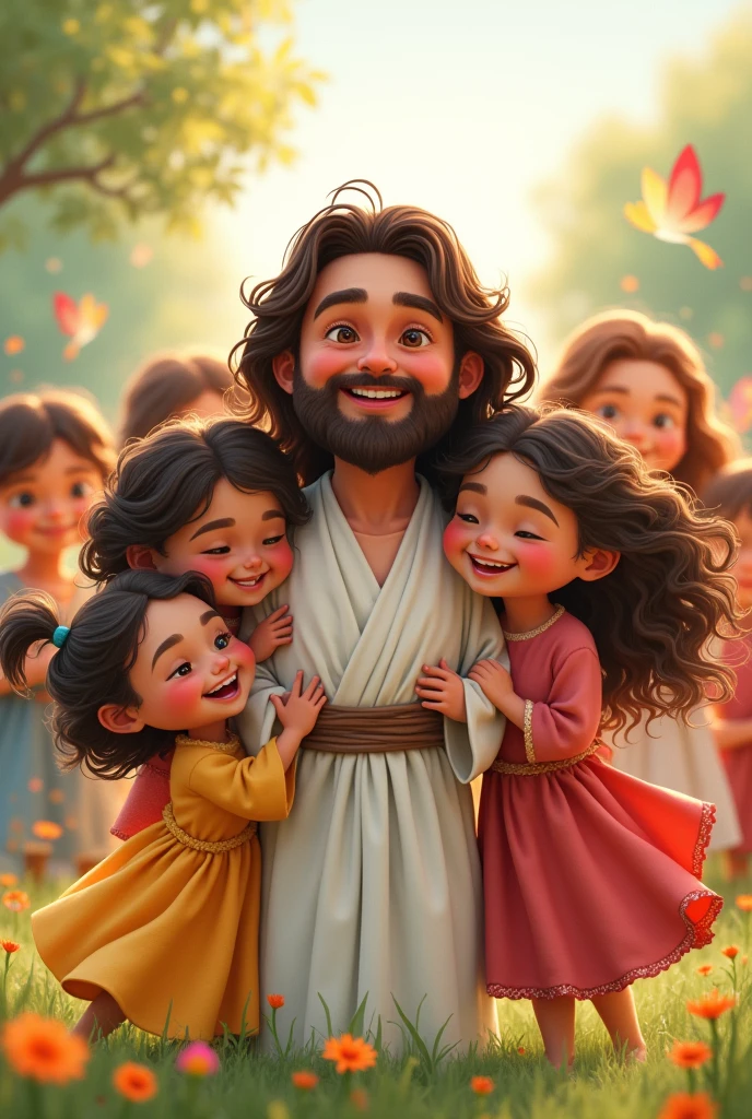 a childish image of jesus and many kids of various ethnicities being happy and using colorful clothes