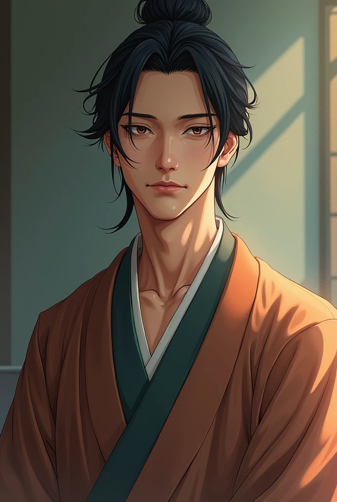 A good looking Japanese man, 2, brown eyes, black hair, slim body, very wise, charismatic, care to his family members and his friends, perfect facial features, have strong faith for what he believe.