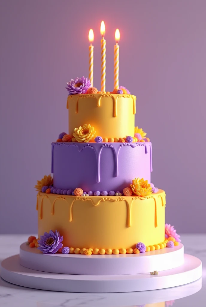A birthday cake of three-storyviolet and yellow, The cake without birthday candles and is on top of a white glass table reflecting the cake on the table