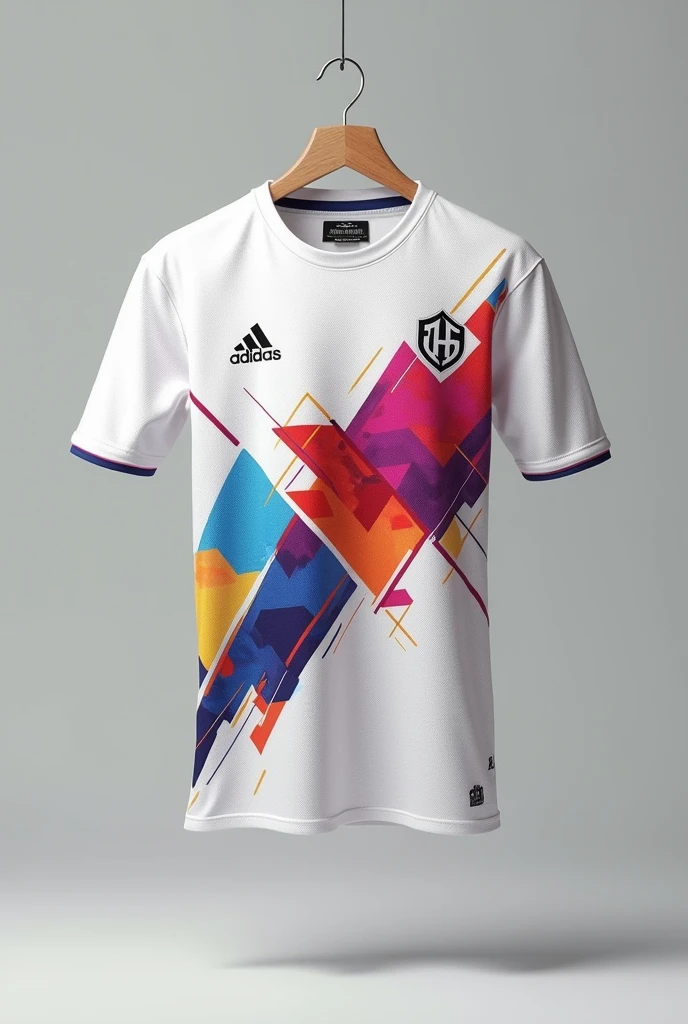 A vibrant football jersey displayed on hangers, featuring a unique geometric design with a combined colours, white as the main color.  The jersey incorporates various patterns including triangles and lines, creating a dynamic and modern look, no logos, no texts.